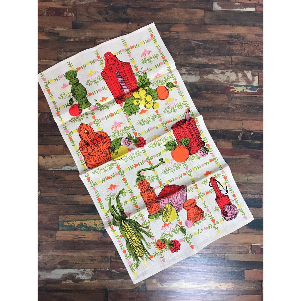 Vintage screen printed tea towel kitchen linen